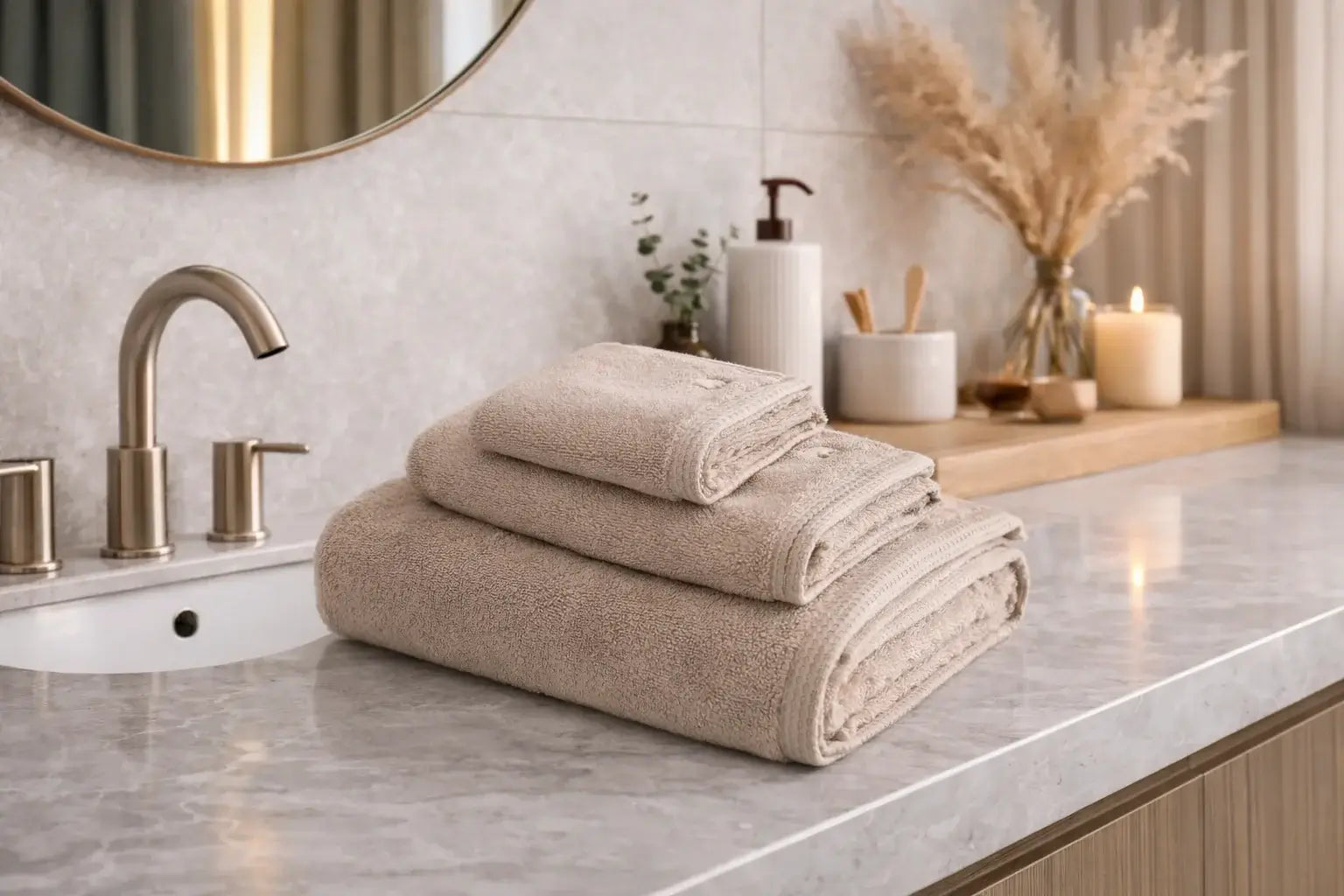 Pure Cotton Embroidered Towel Set (3 Pieces) – Organic Cotton, Beige