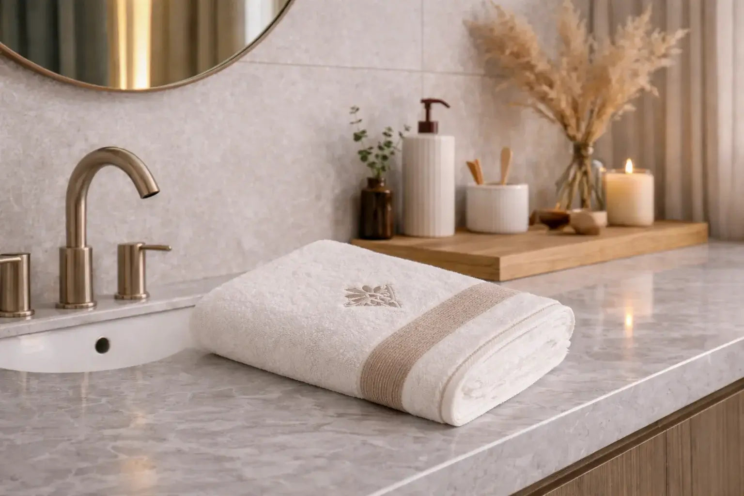 Mihra Bath Towel Set (2 Pieces) – Women’s, 100% Organic Cotton, Armory Embroidery Detail, Cream