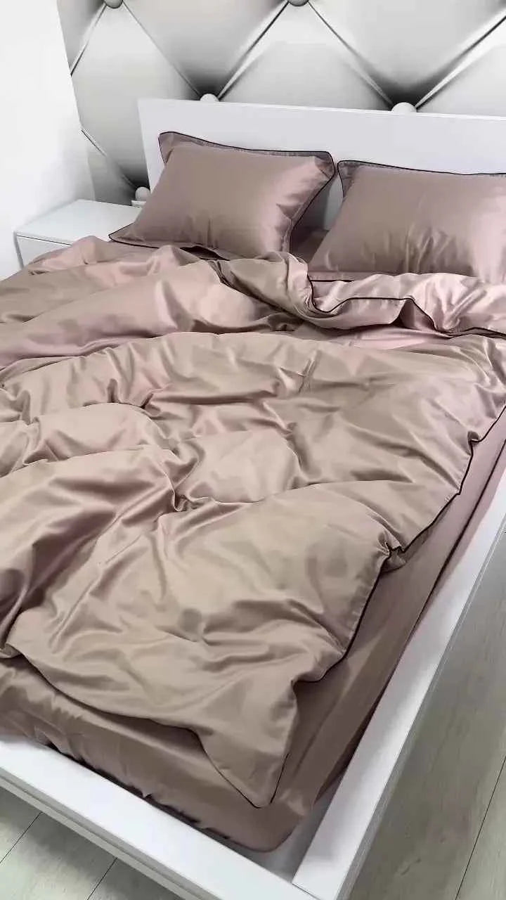 Mercerized Satin Cotton Bedding in Cappuccino with Black Piping – 100% Turkish Cotton, 140 g/m²