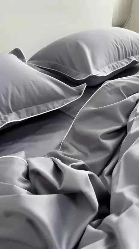 Mercerized Cotton Satin Bedding – Silver Grey with White Piping, 100% Turkish Cotton, 140 g/m²