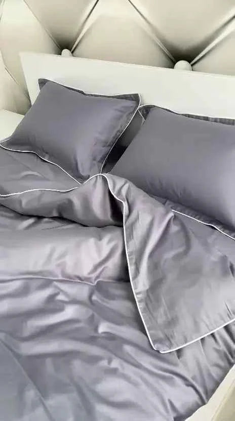 Mercerized Cotton Satin Bedding – Silver Grey with White Piping, 100% Turkish Cotton, 140 g/m²