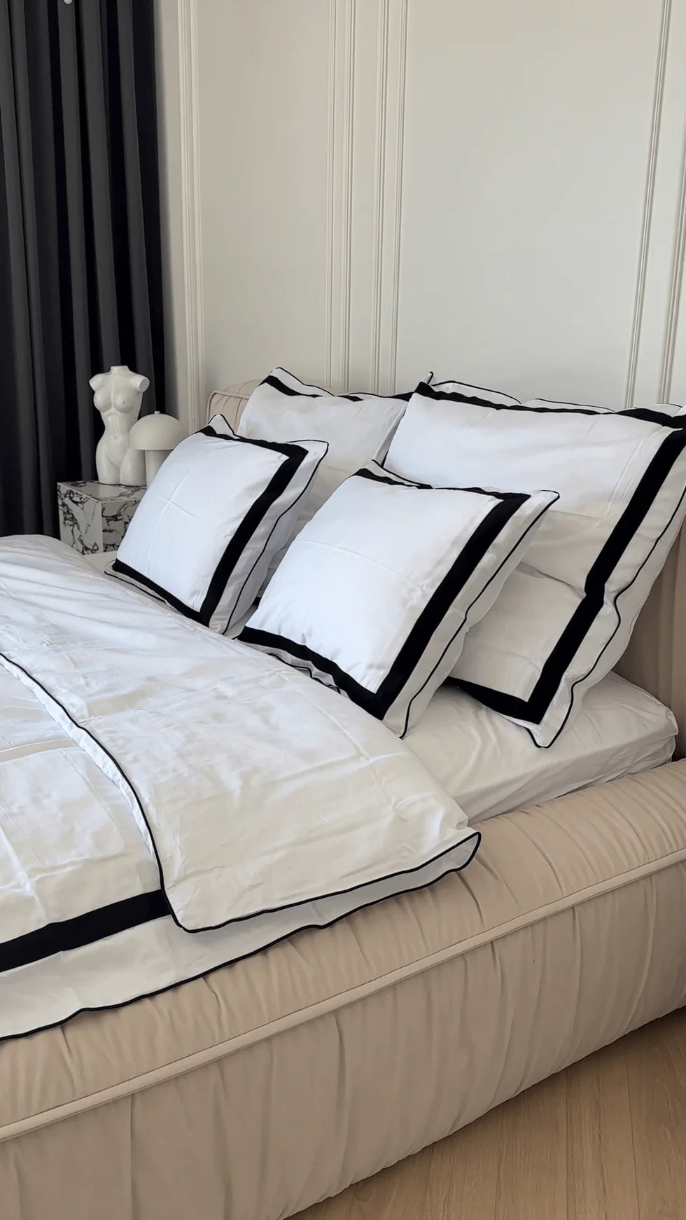 Bettwäsche aus mercerisiertem Satin – Schwarz &amp; Weiß, 100 % türkische Baumwolle, 145 g/m², Oxford-Finish, Paspelierung