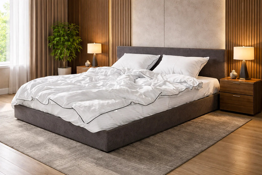 Bettwäsche aus mercerisiertem Satin-Baumwollstoff in Weiß mit schwarzer Paspelierung und Streifen – 100 % türkische Baumwolle, 140 g/m²