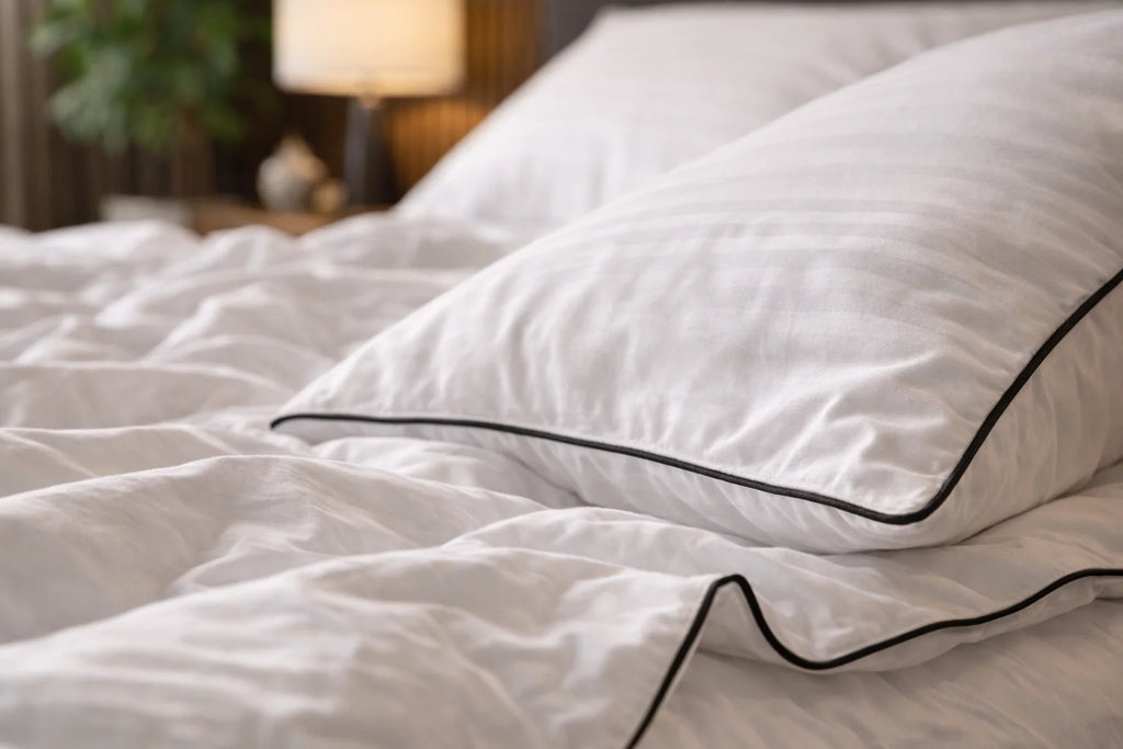 Bettwäsche aus mercerisiertem Satin-Baumwollstoff in Weiß mit schwarzer Paspelierung und Streifen – 100 % türkische Baumwolle, 140 g/m²